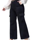 Women's Wide Leg High Rise Patch Pocketed Regular Stretchable Denim Jeans
